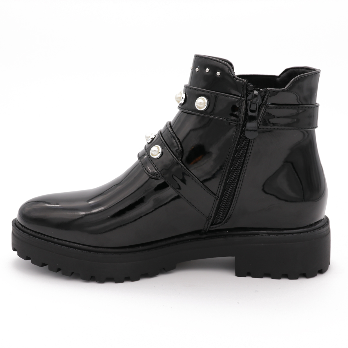 Low Cut Biker Boots, Met Parels Zwarte Lak Shoe Level Nederland